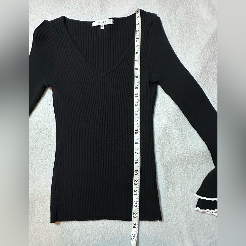 Milly | Ribbed Ruffle Bell Sleeve V-Neck Knit Top | Small - Picture 9 of 12